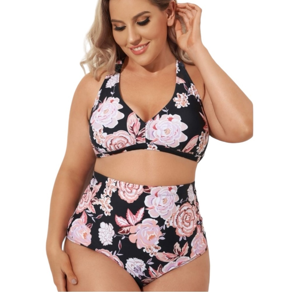 Floral Black and Pink Bikini Set